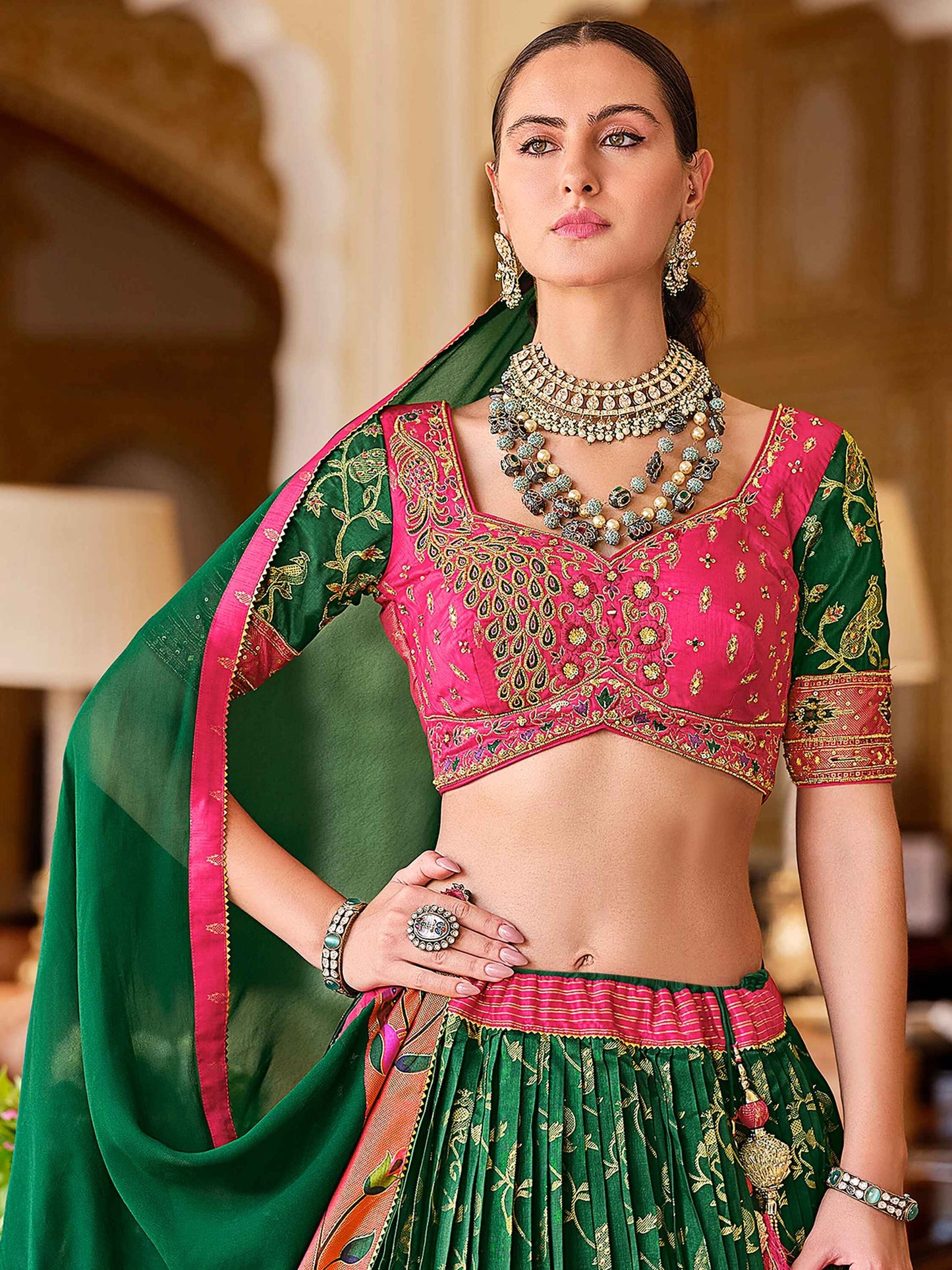 Glorious Green Foil Print Silk Bridesmaid Lehenga Choli With Dupatta