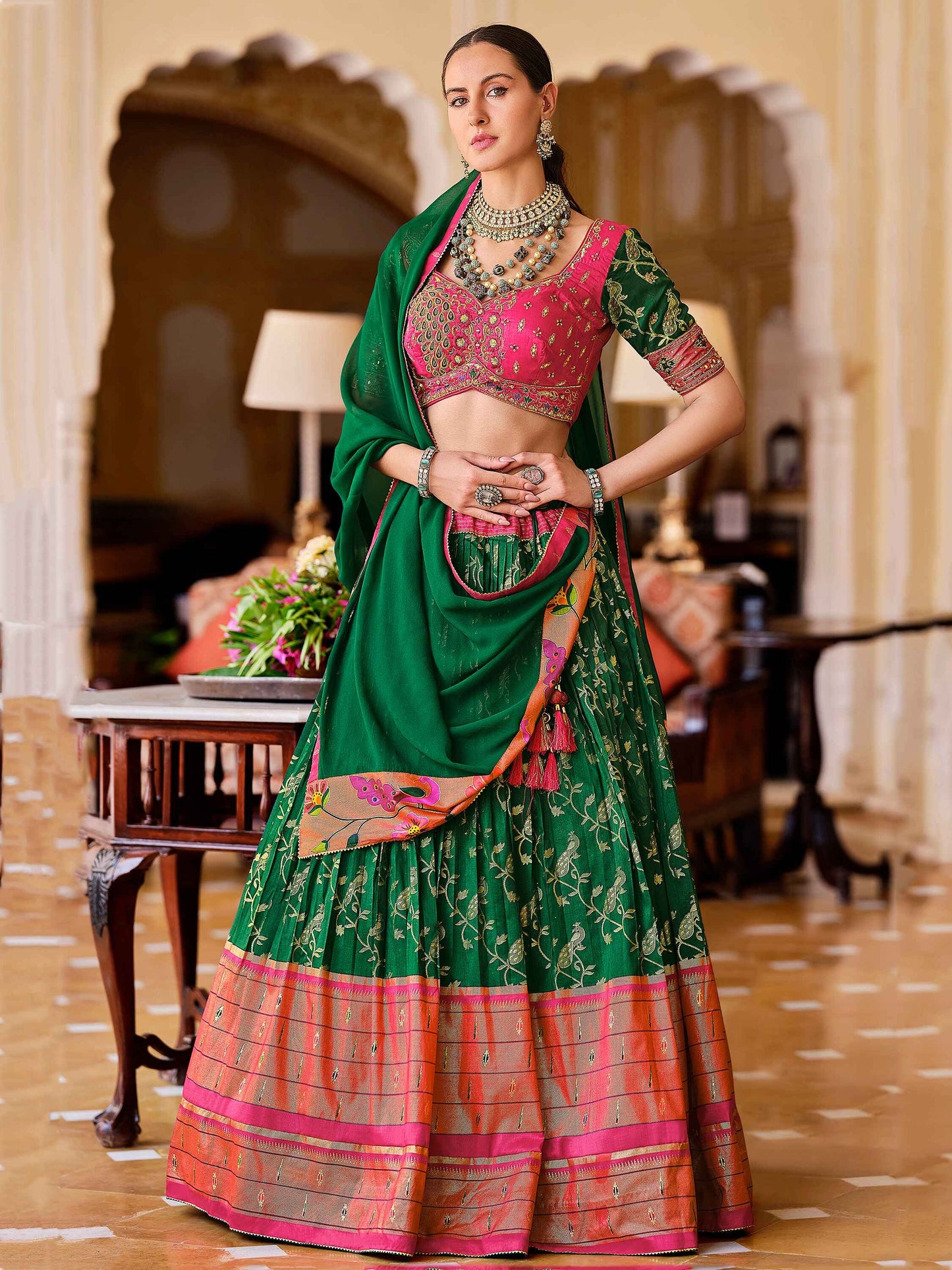 Glorious Green Foil Print Silk Bridesmaid Lehenga Choli With Dupatta