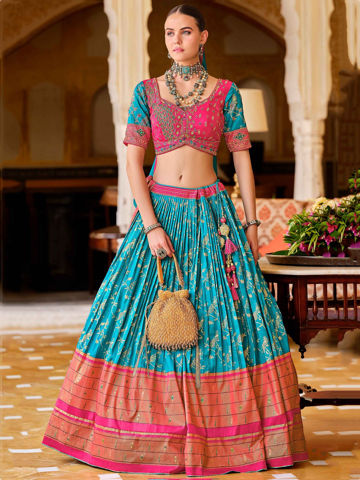 Lovable Sky-Blue Foil Print Silk Engagement Wear Lehenga Choli