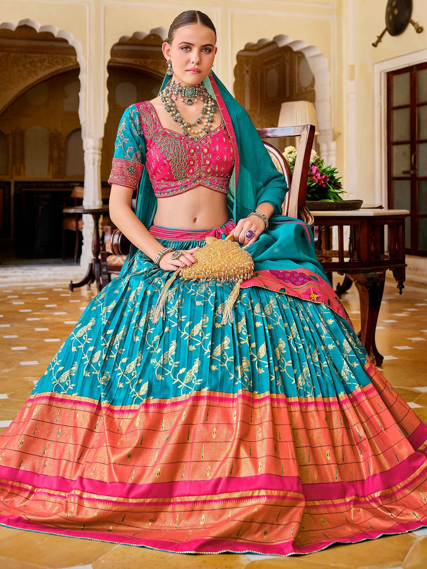 Lovable Sky-Blue Foil Print Silk Engagement Wear Lehenga Choli