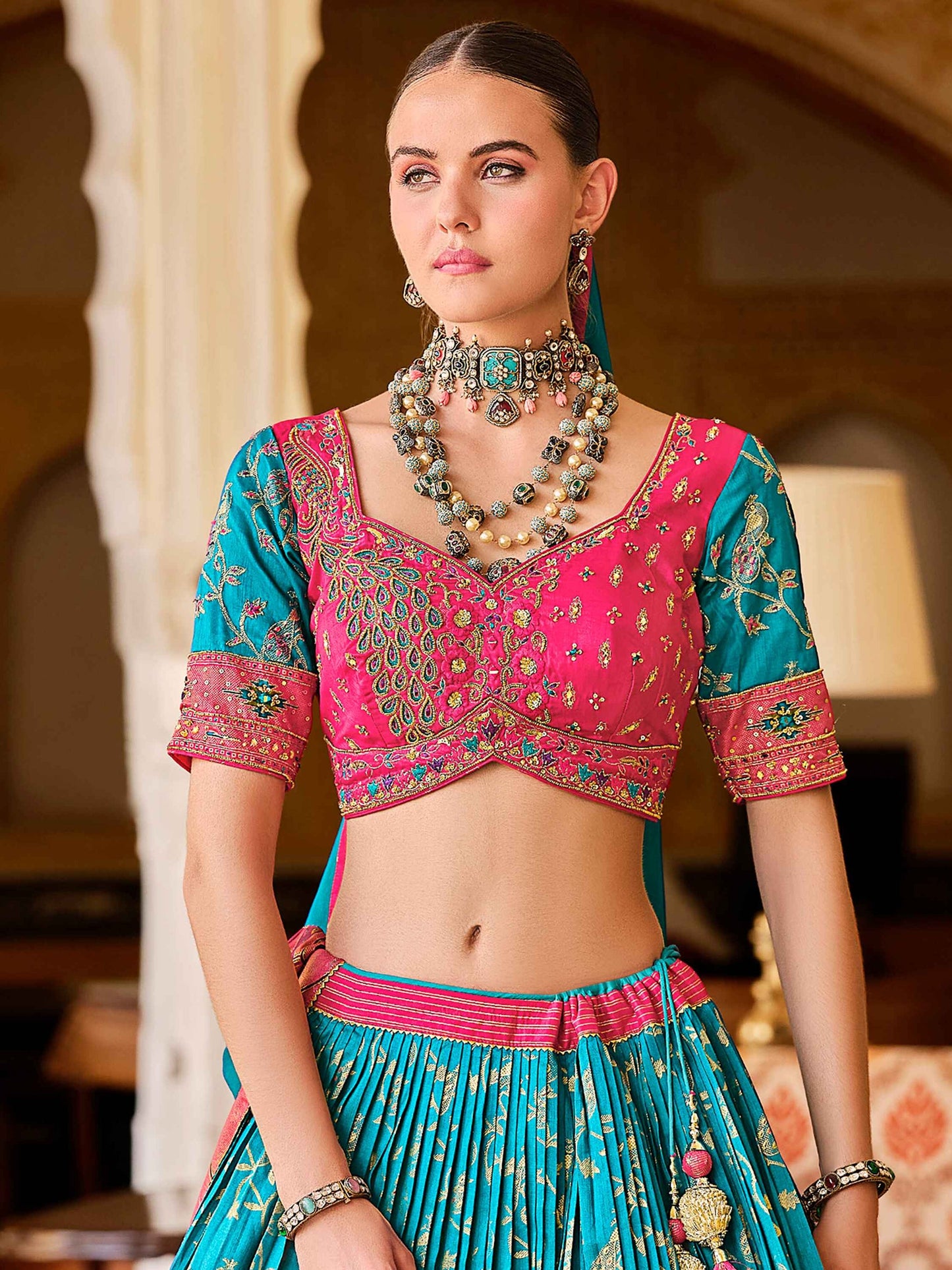Lovable Sky-Blue Foil Print Silk Engagement Wear Lehenga Choli