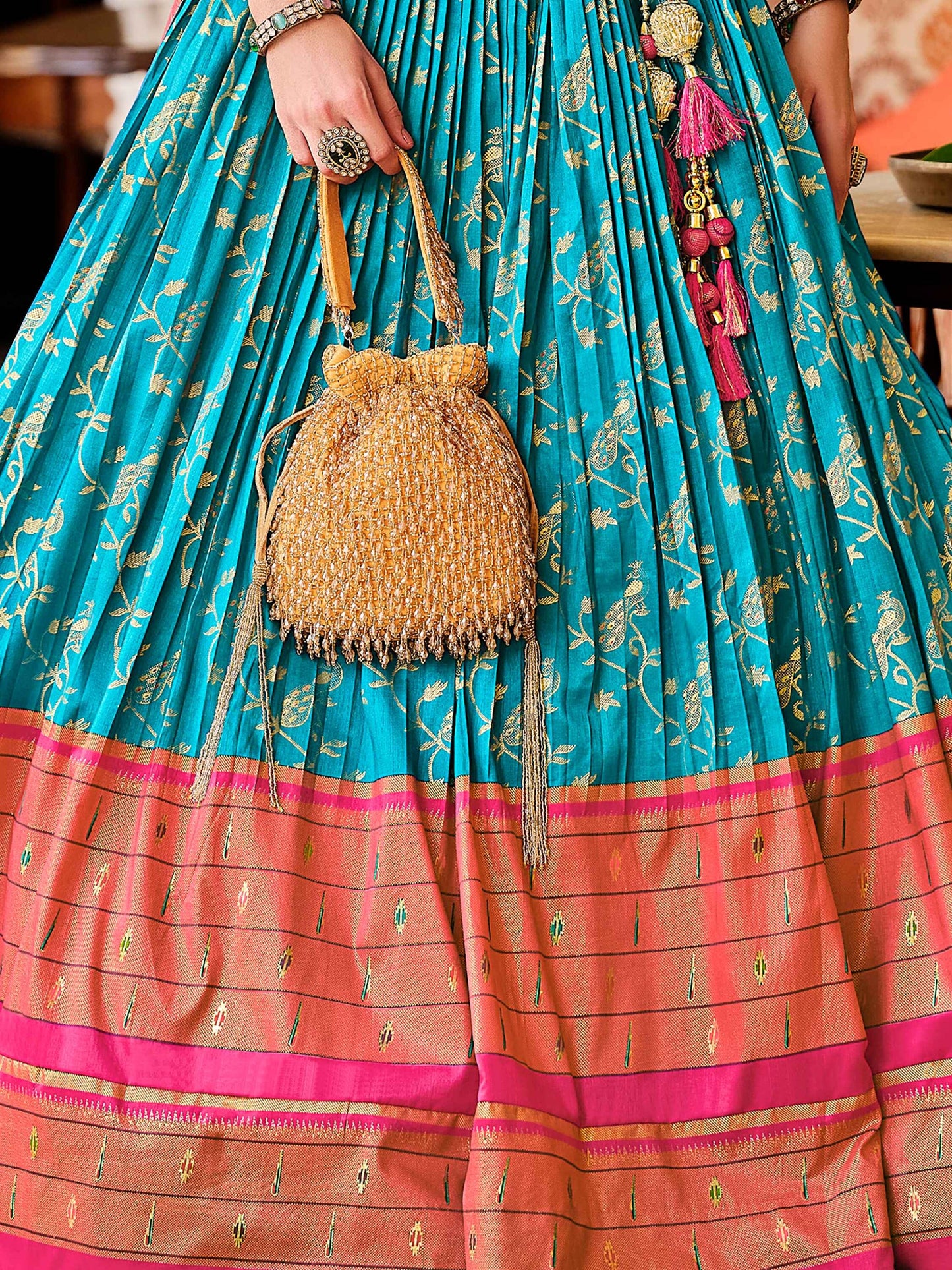 Lovable Sky-Blue Foil Print Silk Engagement Wear Lehenga Choli