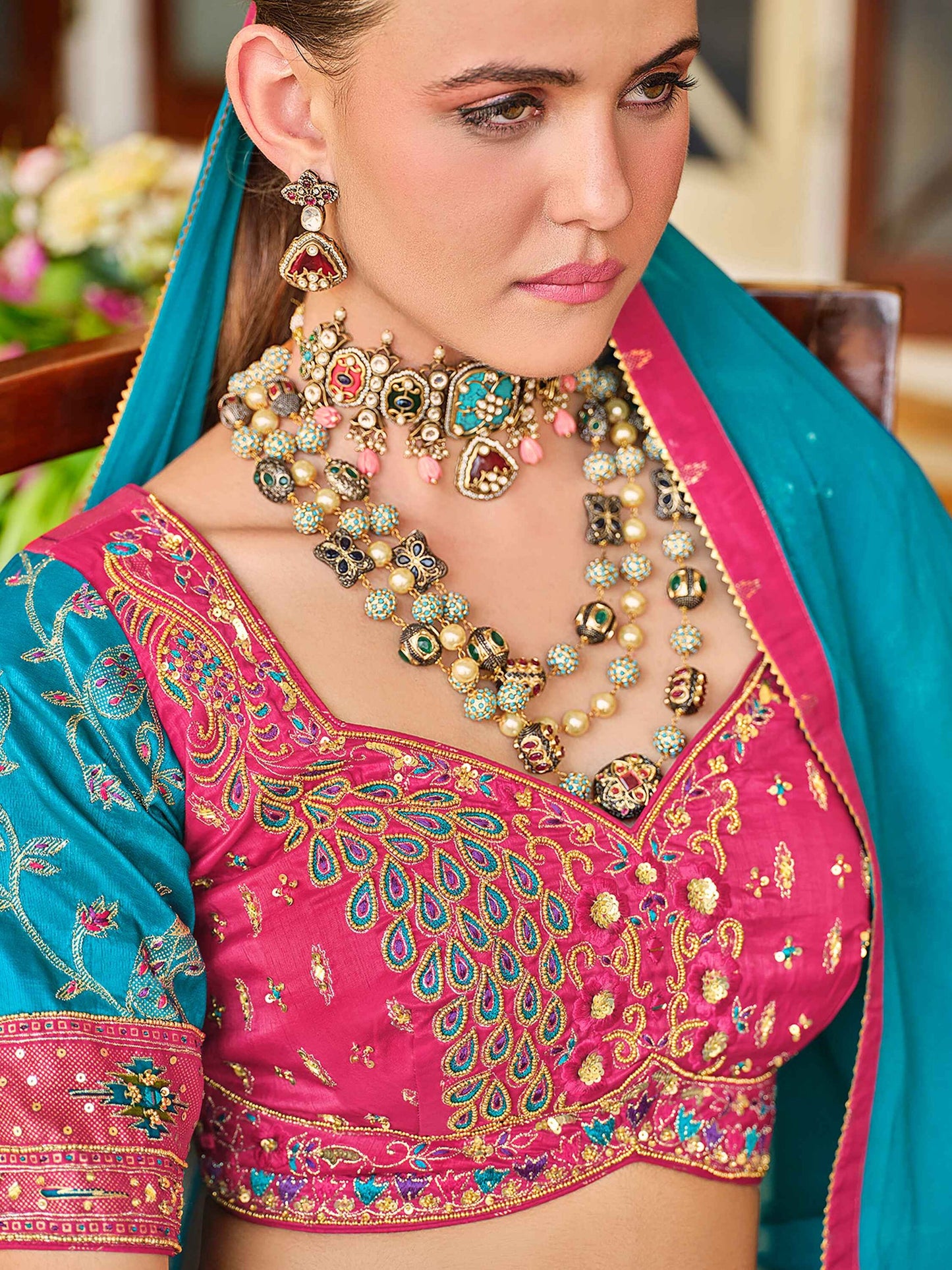 Lovable Sky-Blue Foil Print Silk Engagement Wear Lehenga Choli