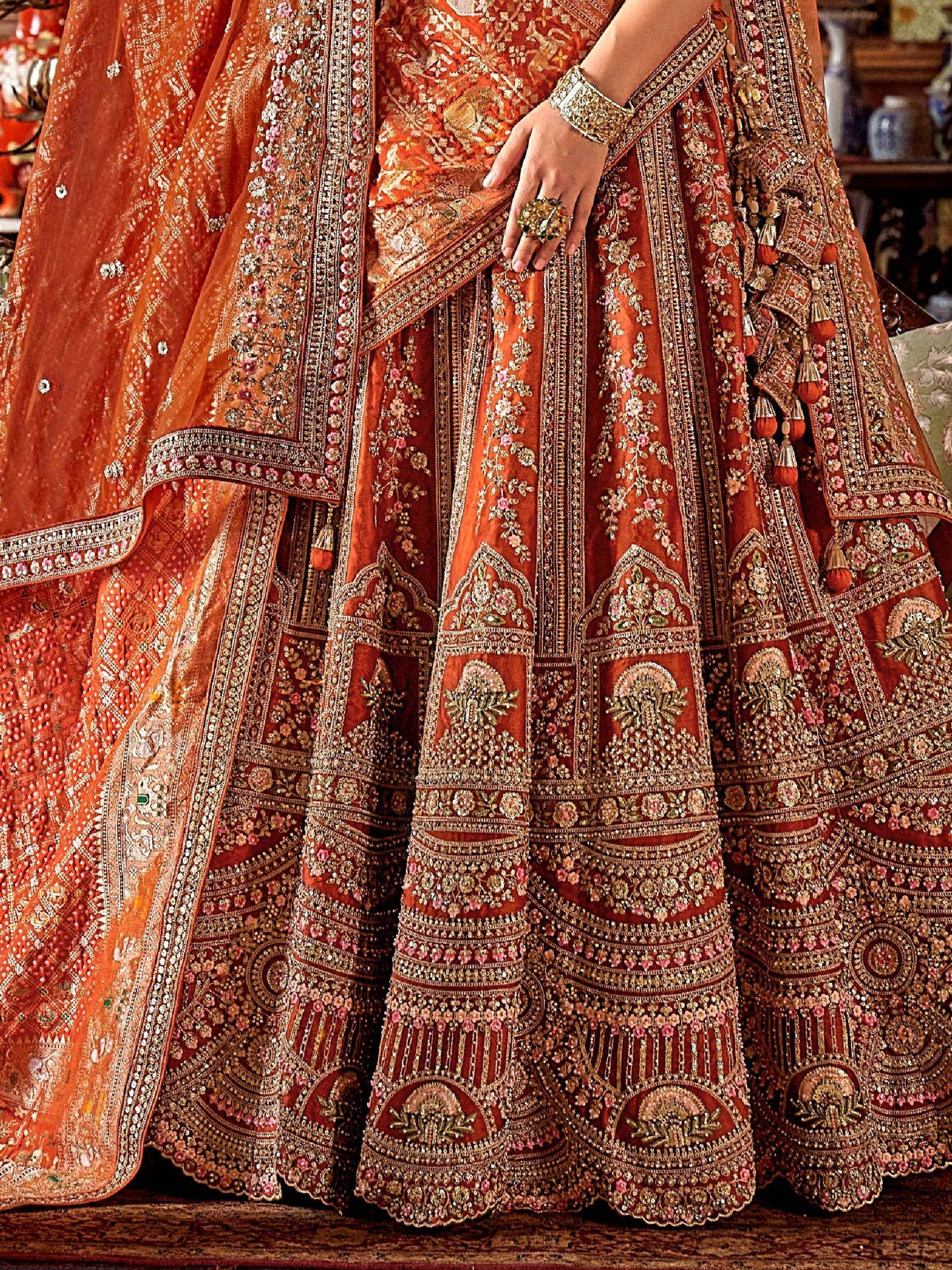 Awesome Orange Embroidered Silk Bridal Lehenga Choli With Double Dupatta