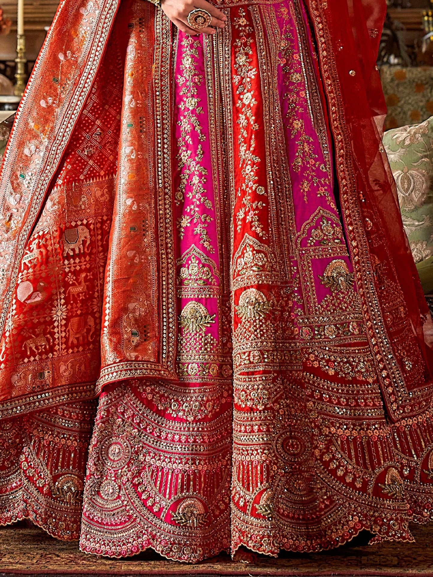 Sensational Pink & Red Pearl Work Silk Bridal Lehenga Choli With Double Dupatta
