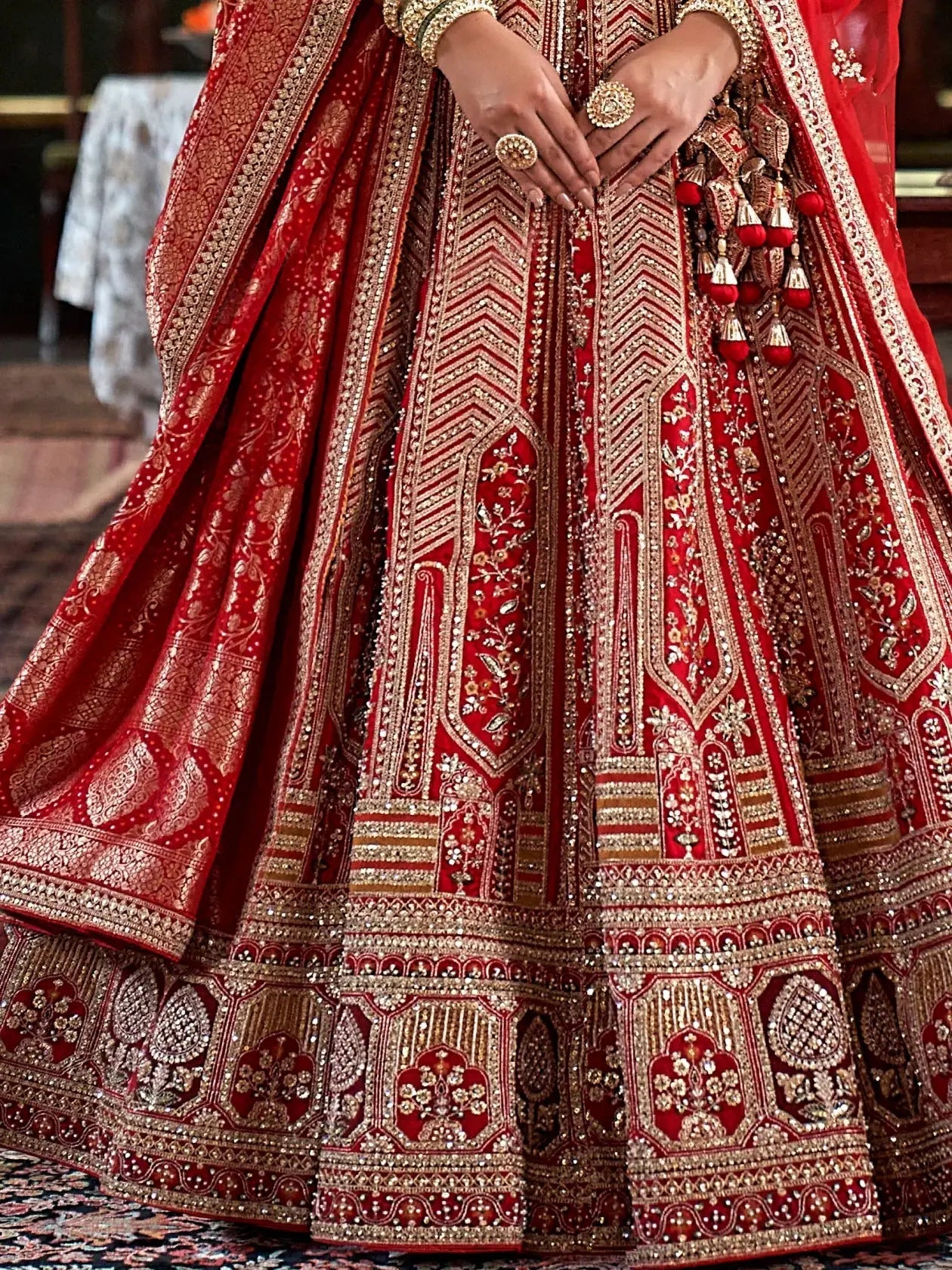 Fantastic Red Heavy Embroidered Silk Bridal Lehenga Choli With Double Dupatta