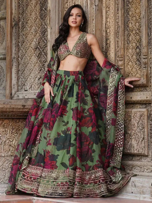 Awesome Green Floral Printed Organza Bridesmaid Lehenga Choli With Dupatta