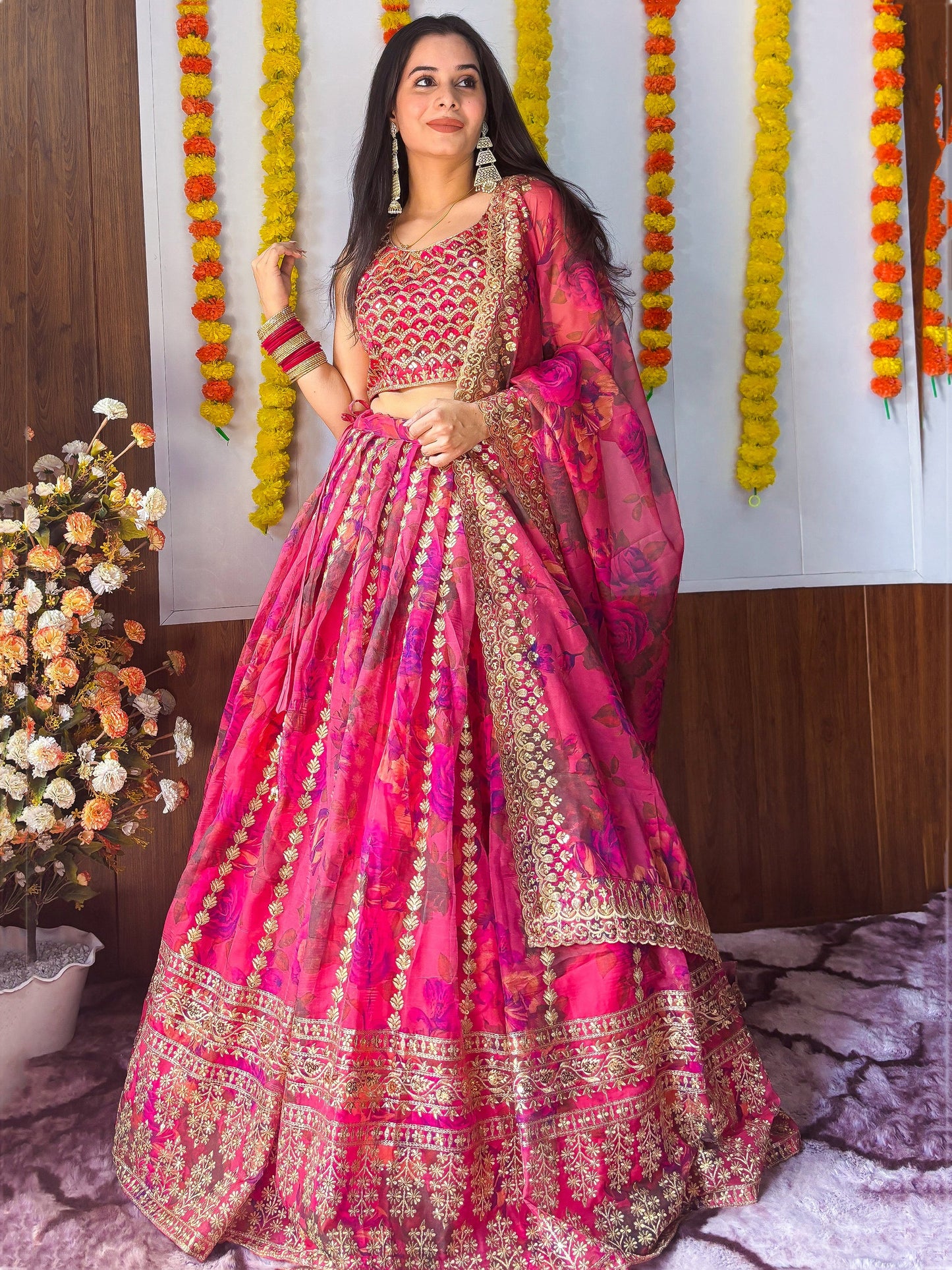 Marvelous Pink Zari Embroidery Organza Bridesmaid Lehenga Choli
