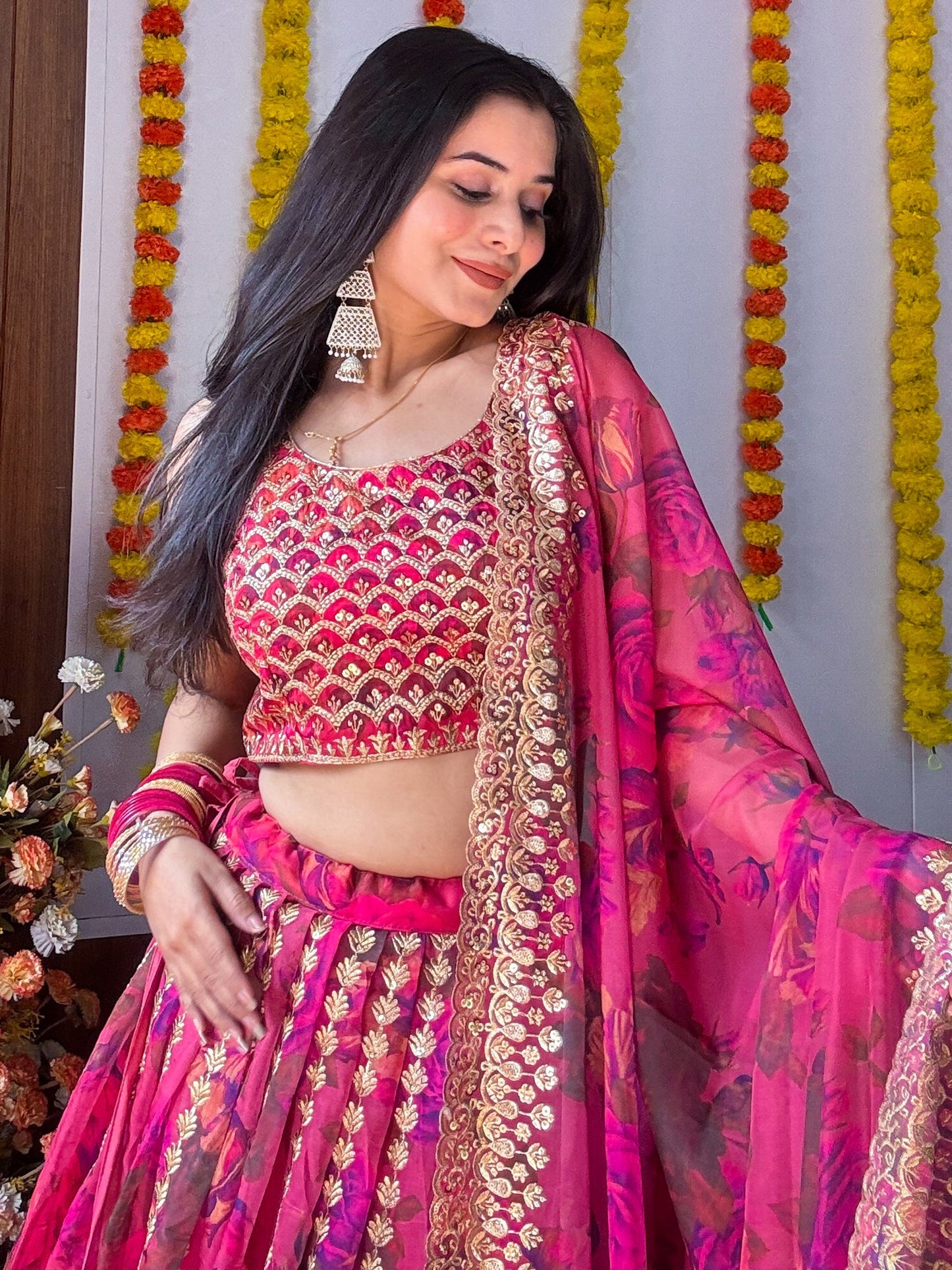 Marvelous Pink Zari Embroidery Organza Bridesmaid Lehenga Choli