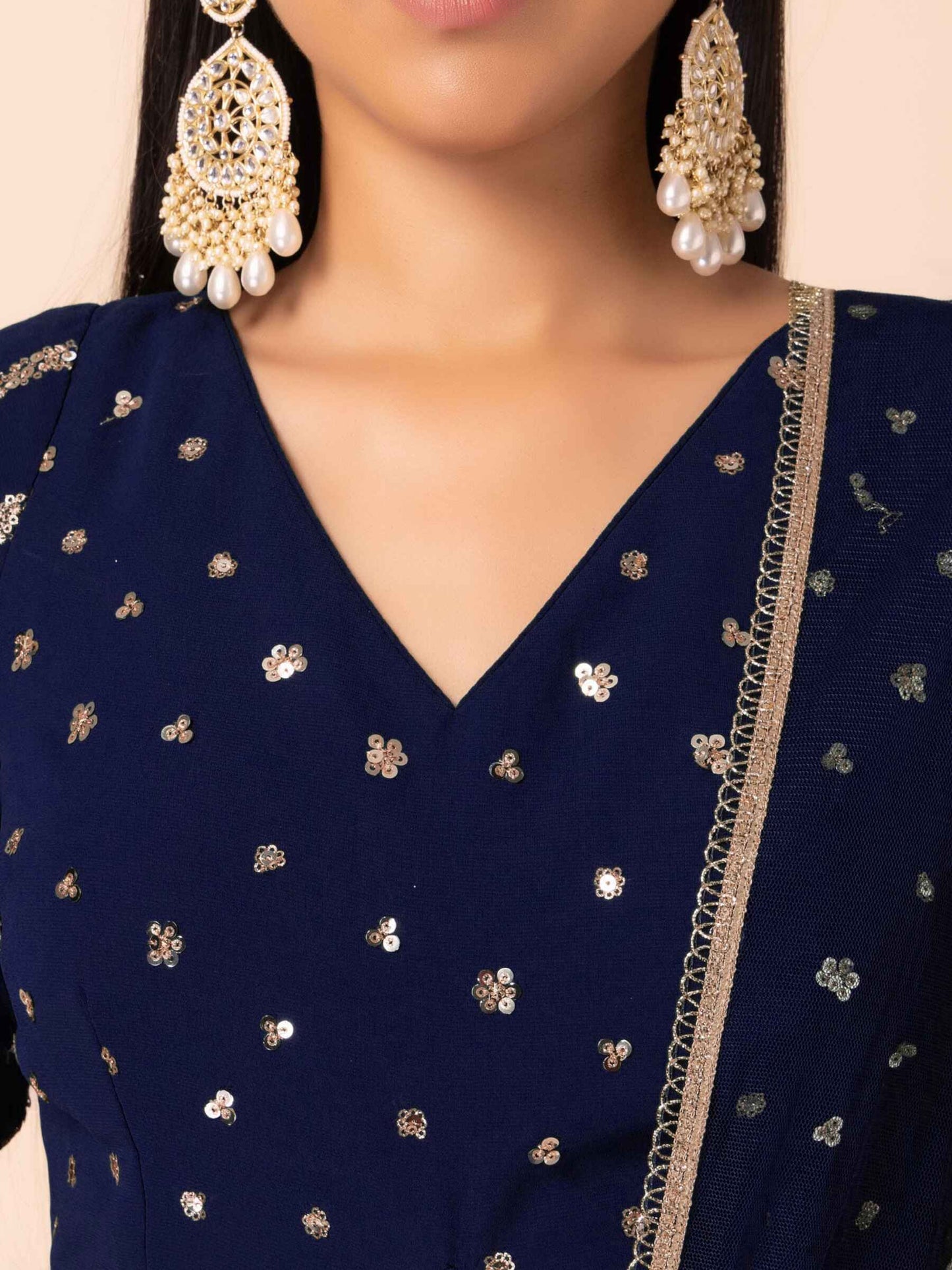 Desirable Navy Blue Embroidered Georgette Lehenga Choli With Dupatta