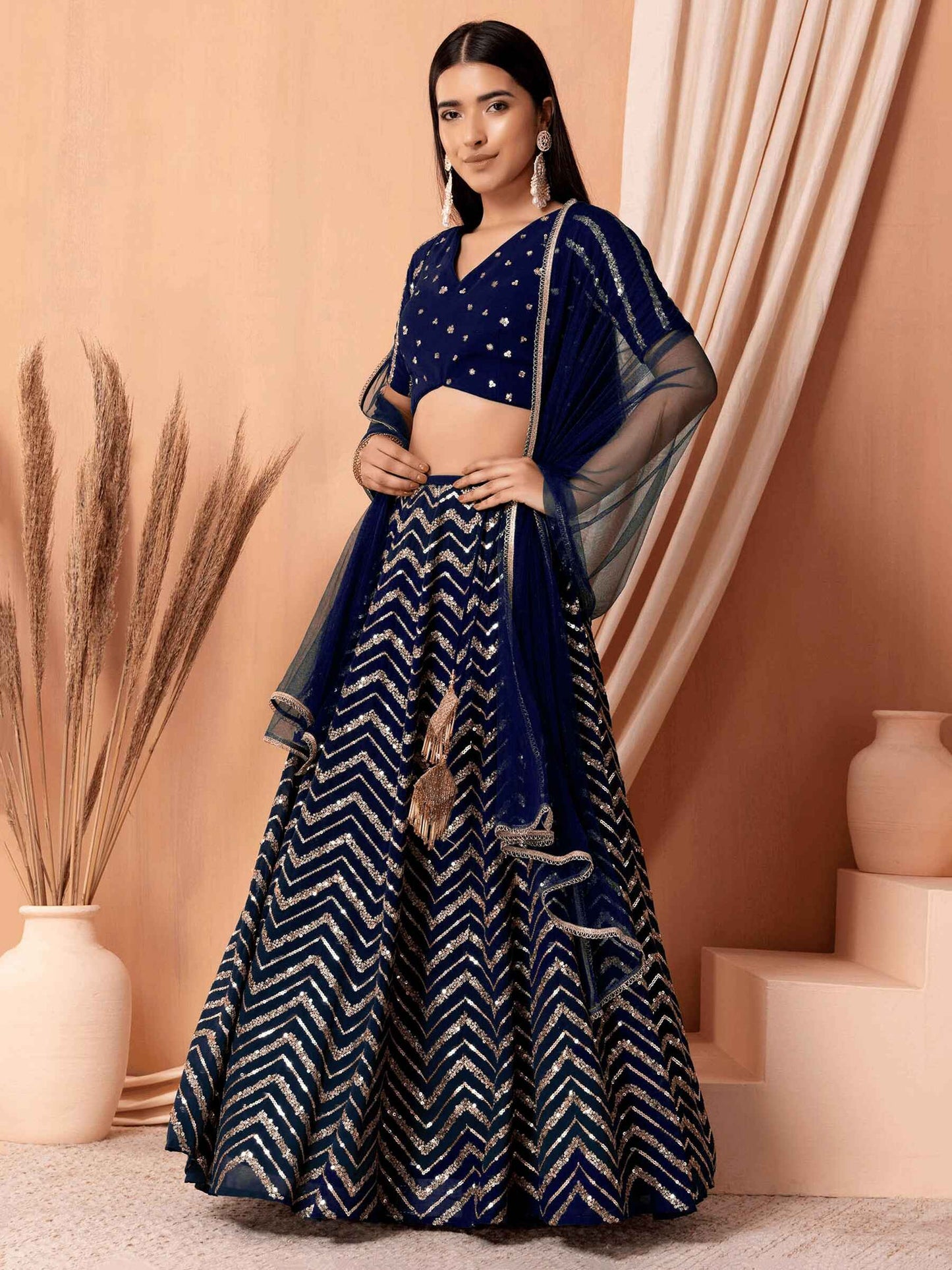 Desirable Navy Blue Embroidered Georgette Lehenga Choli With Dupatta