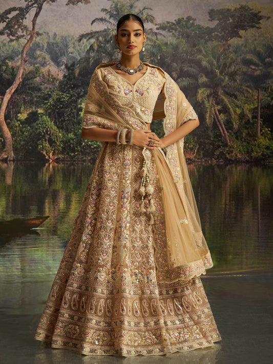 Elegant Cream Dori Embroidery Net Bridesmaid Lehenga Choli With Dupatta