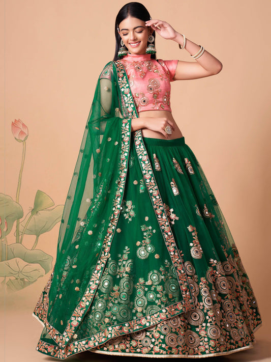 Abundant Green Mirror Work Net Reception Wear Lehenga Choli - Zeel Clothing