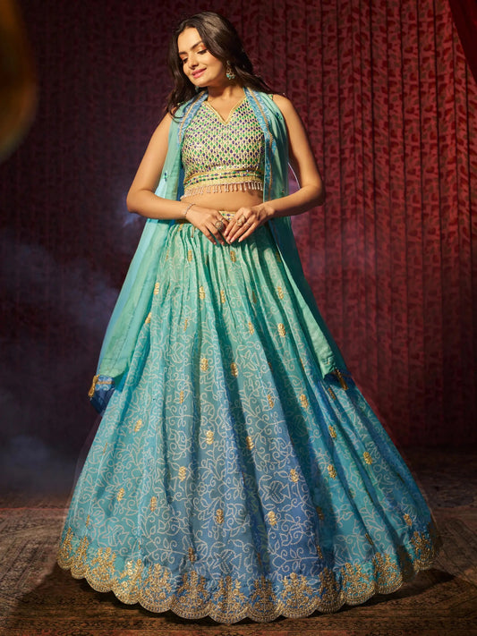 Adorable Blue Printed Organza Sangeet Wear Lehenga Choli With Dupatta - Zeel Clothing