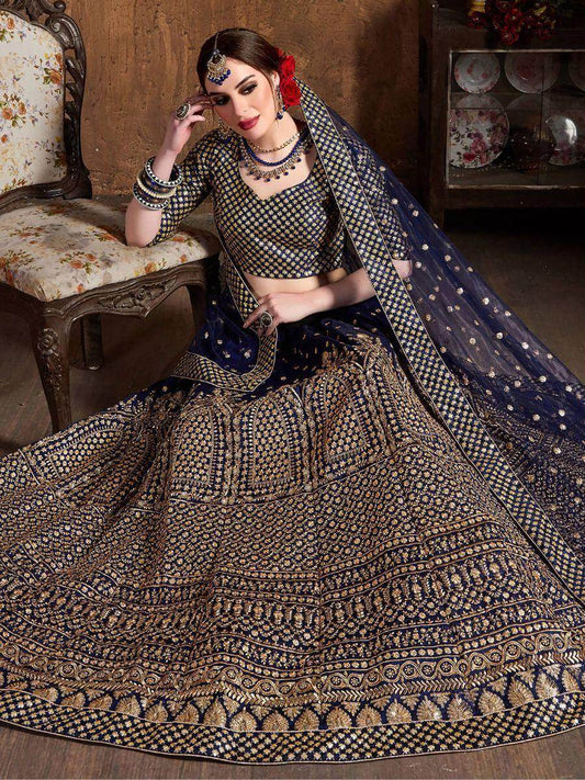 Adorable Navy Blue Sequins Raw Silk Lehenga Choli With Dupatta - Zeel Clothing