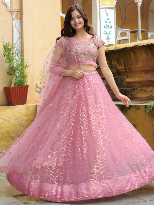 Adorable Pink Sequins Net Engagement Wear Lehenga Choli With Dupatta - Zeel Clothing