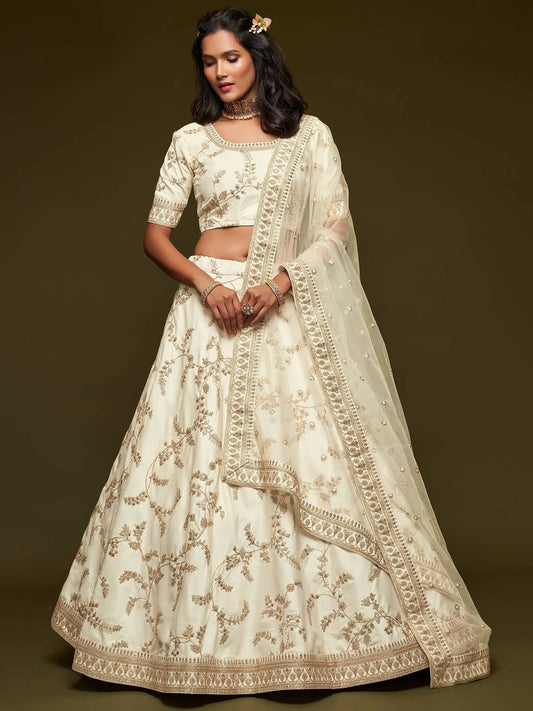 Agreeable White Thread Embroidery Art Silk Wedding Lehenga Choli - Zeel Clothing