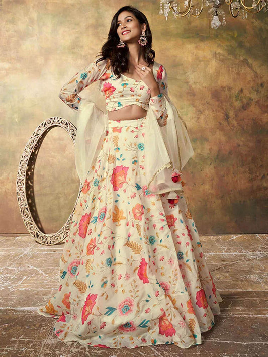 Alluring Beige Floral Printed Organza Reception Wear Lehenga Choli - Zeel Clothing