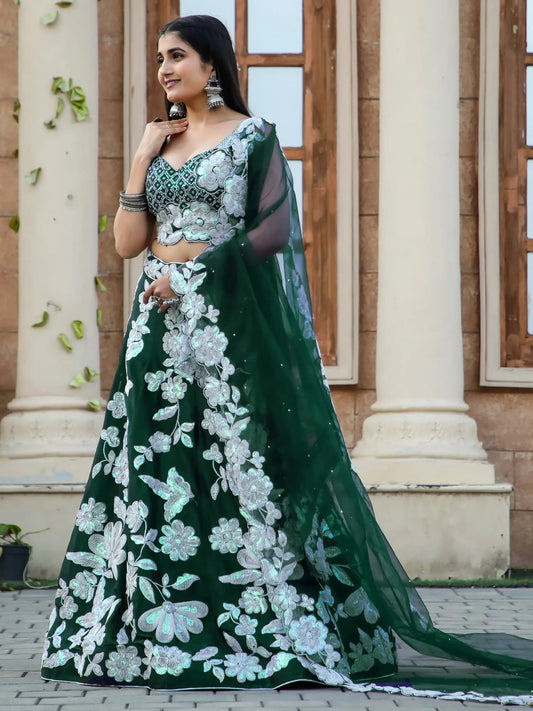 Alluring Bottle Green Dori Work Georgette Lehenga Choli With Dupatta - Zeel Clothing