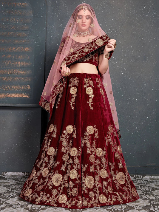 Alluring Maroon Dori Work Velvet Bridal Lehenga Choli With Dupatta - Zeel Clothing
