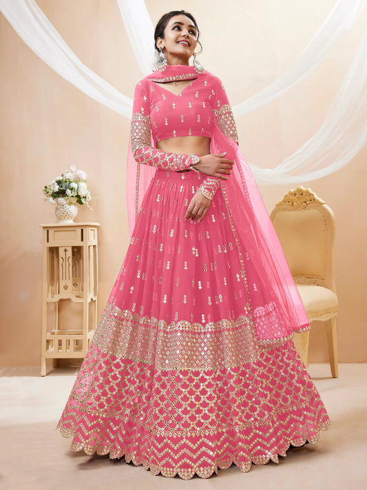 Alluring Pink Sequins Georgette Bridesmaid Lehenga Choli With Dupatta - Zeel Clothing