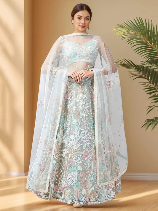 Alluring Pista Green Sequins Net Wedding Wear Lehenga Choli With Dupatta - Zeel Clothing