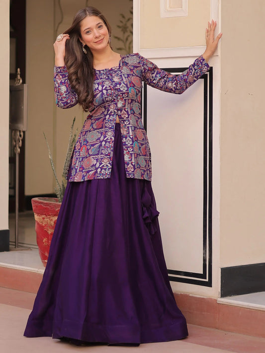 Alluring Purple Zari Weaving Vichitra Silk Festive Wear Lehenga With Jacket - Zeel Clothing