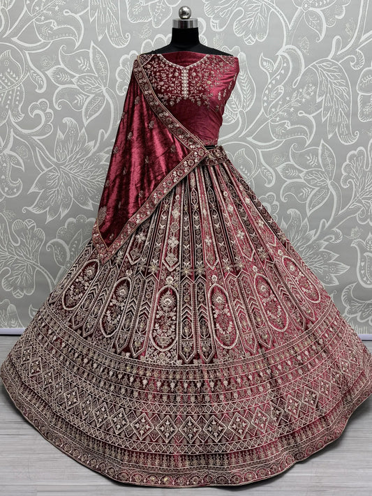 Alluring Red Dori Work Velvet Bridal Lehenga Choli With Double Dupatta - Zeel Clothing
