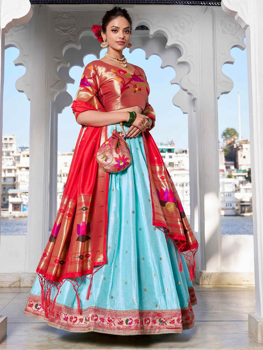 Alluring Sky Blue Zari Weaving Silk Paithani Lehenga Choli - Zeel Clothing