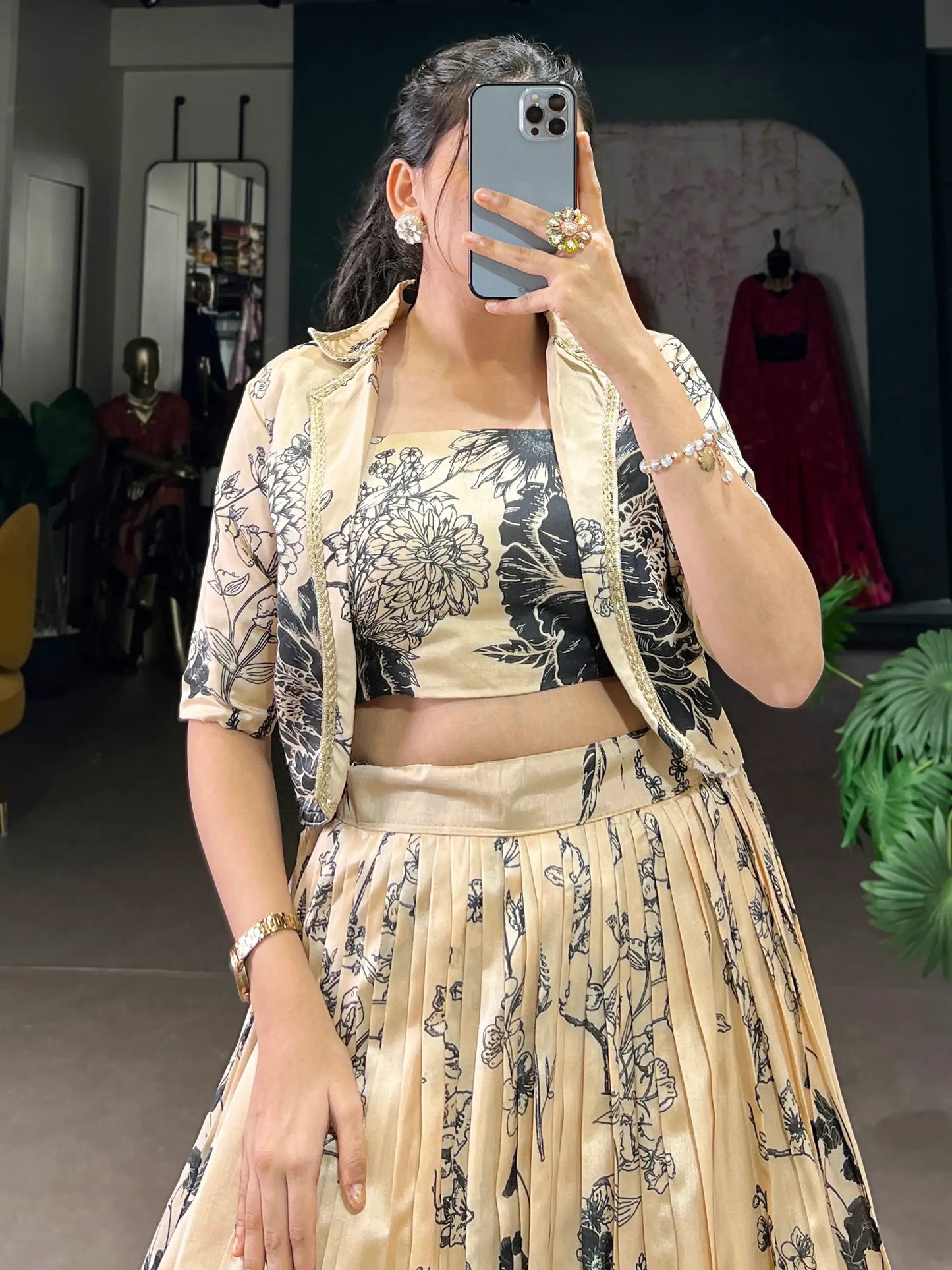 Amazing Cream Printed Silk Event Wear Crop Top Lehenga With Jacket - Zeel Clothing