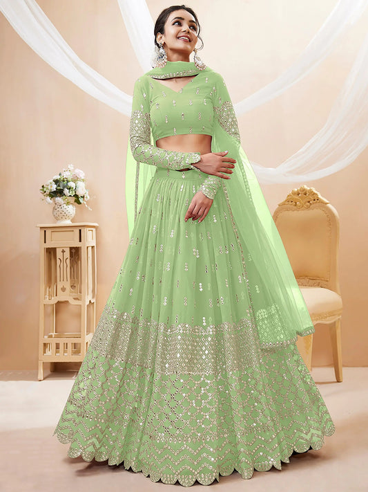 Amazing Pista Green Sequins Georgette Reception Wear Lehenga Choli - Zeel Clothing
