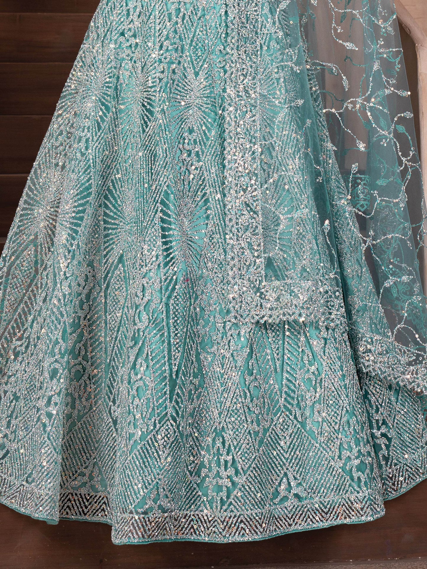 Amazing Sky-Blue Zarkan Work Net Designer Lehenga Choli With Dupatta - Zeel Clothing