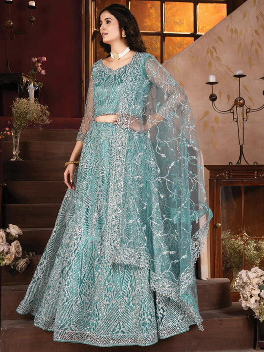 Amazing Sky-Blue Zarkan Work Net Designer Lehenga Choli With Dupatta - Zeel Clothing