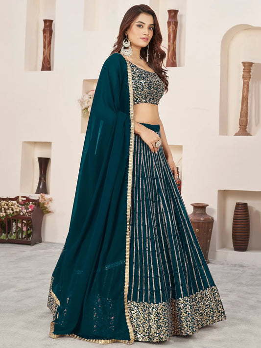Amazing Teal Green Sequins Georgette Engagement Wear Lehenga Choli - Zeel Clothing