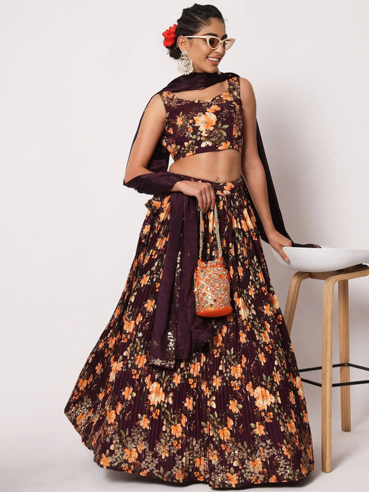Appealing Purple Floral Printed Silk Reception Wear Lehenga Choli - Zeel Clothing