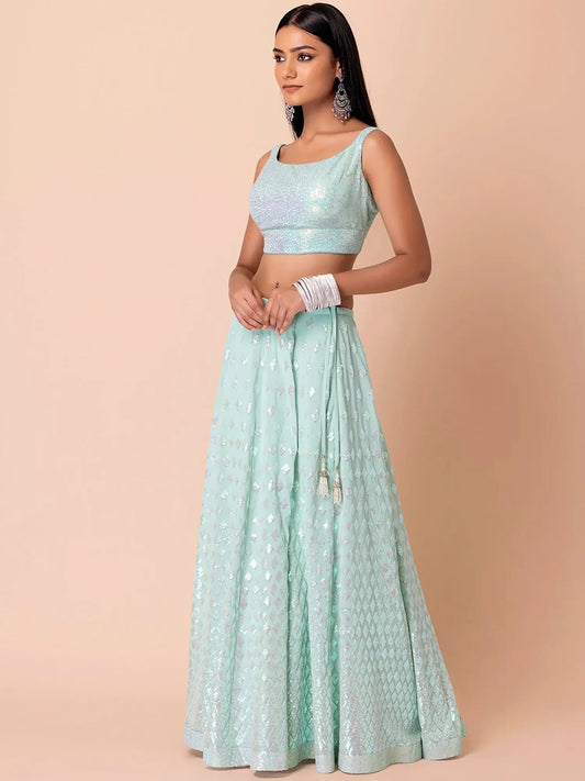 Appealing Sky-Blue Sequins Georgette Wedding Wear Lehenga Choli - Zeel Clothing