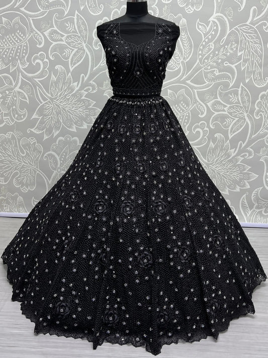 Astonishing Black Thread Work Net Reception Wear Lehenga Choli - Zeel Clothing