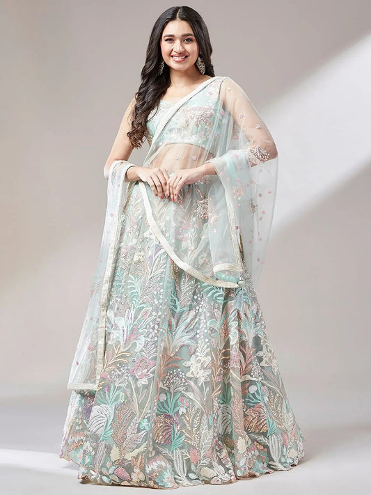 Astonishing Pista Green Sequins Net Wedding Wear Lehenga Choli - Zeel Clothing