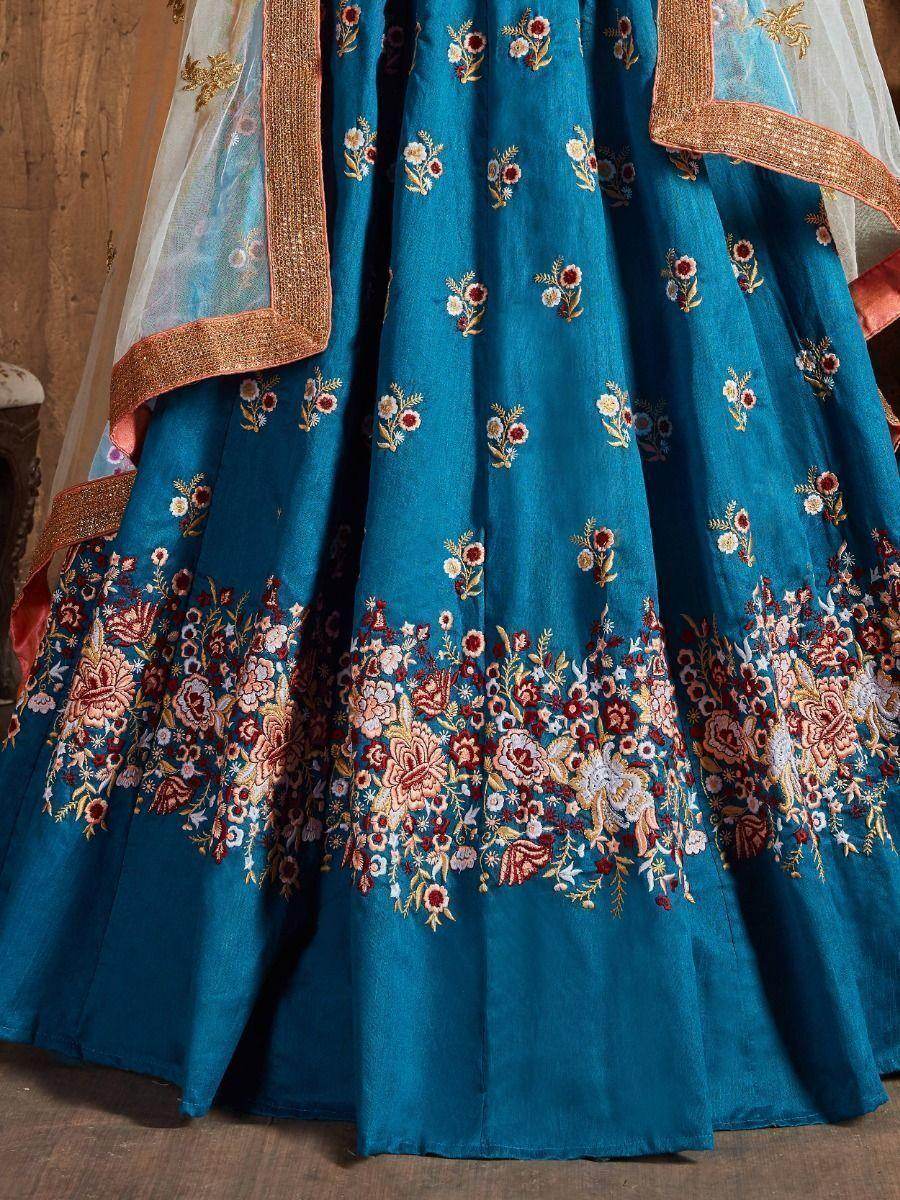 Astonishing Teal Blue Thread Work Raw Silk Wedding Lehenga Choli - Zeel Clothing