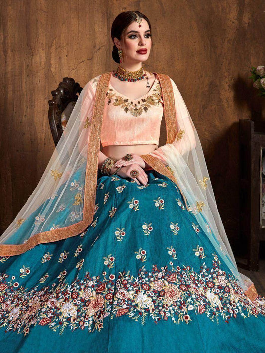 Astonishing Teal Blue Thread Work Raw Silk Wedding Lehenga Choli - Zeel Clothing