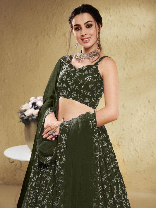 Attractive Green Sequins Georgette Lehenga Choli With Dupatta - Zeel Clothing