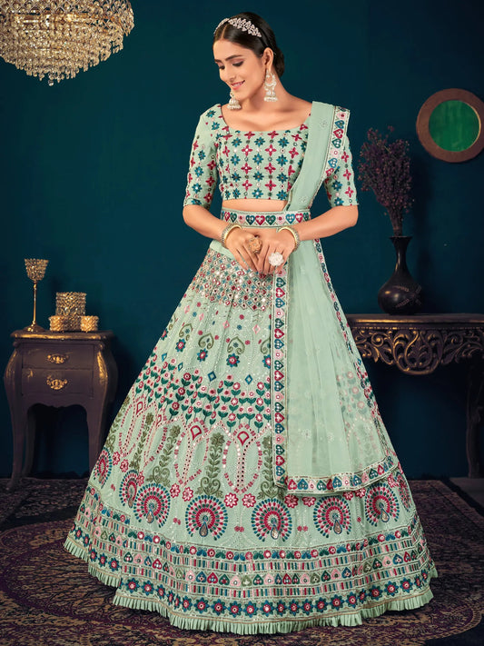 Attractive Pista Green Thread Embroidered Georgette Lehenga Choli - Zeel Clothing