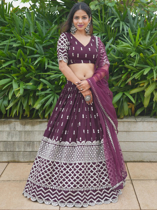 Attractive Wine Sequin Georgette Engagement Wear Lehenga Choli - Zeel Clothing