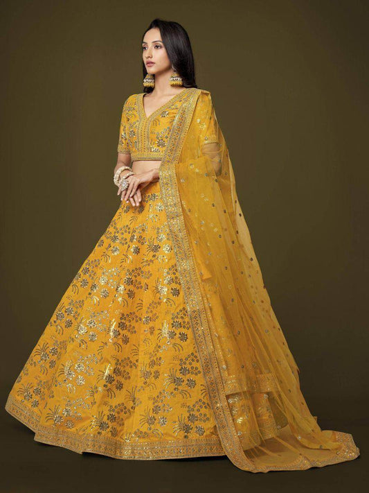 Attractive Yellow Sequins Slub Silk Wedding Wear Lehenga Choli - Zeel Clothing