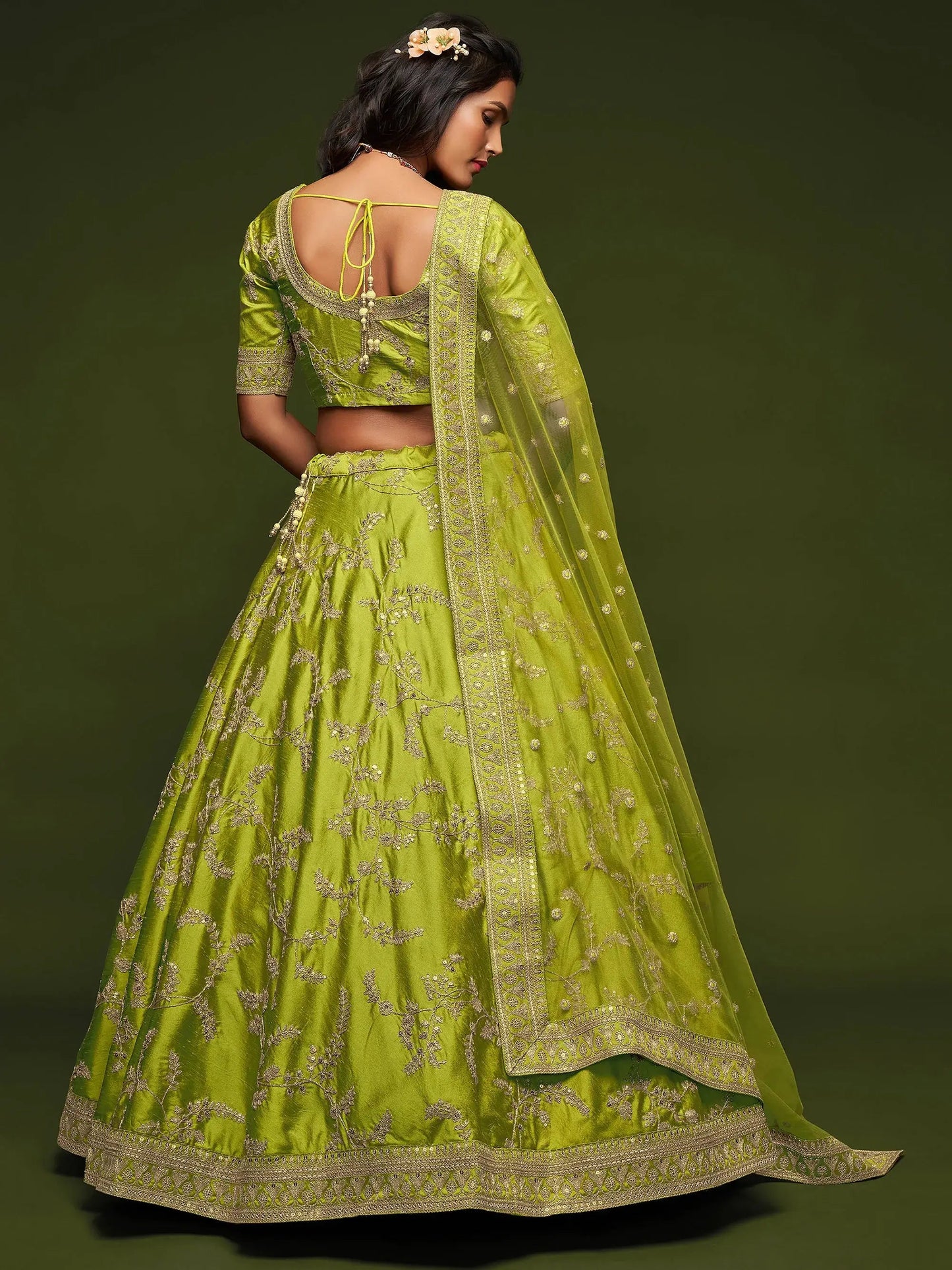 Awesome Neon Green Thread Embroidery Art Silk Wedding Lehenga Choli - Zeel Clothing