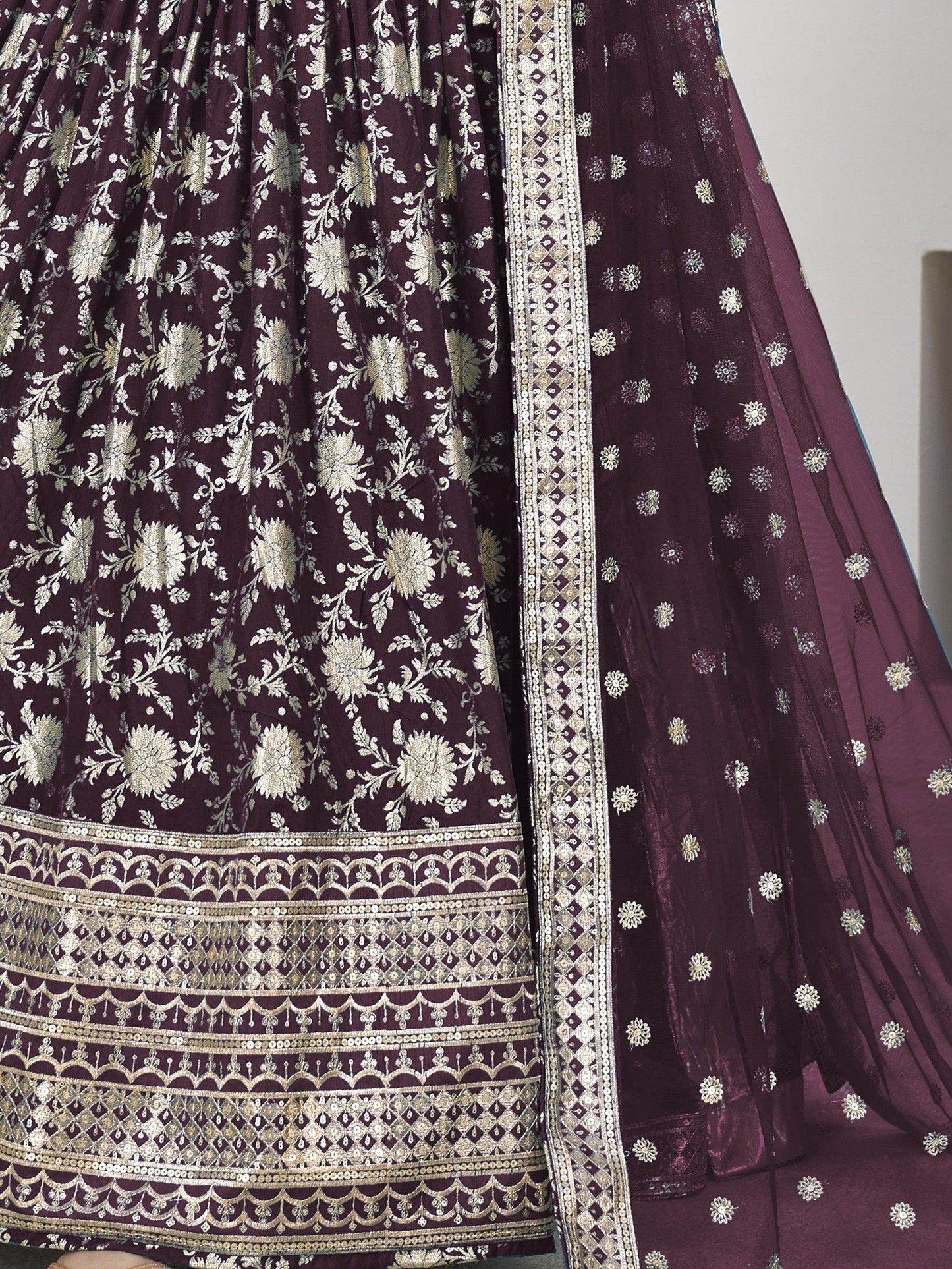 Awesome Wine Zari Work Jacquard Lehenga Choli With Dupatta - Zeel Clothing