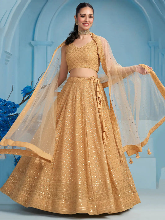 Beautiful Beige Thread Work Georgette Wedding Wear Lehenga Choli - Zeel Clothing