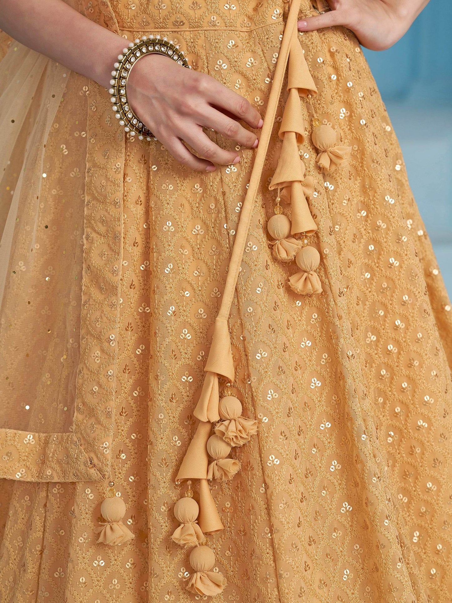 Beautiful Beige Thread Work Georgette Wedding Wear Lehenga Choli - Zeel Clothing