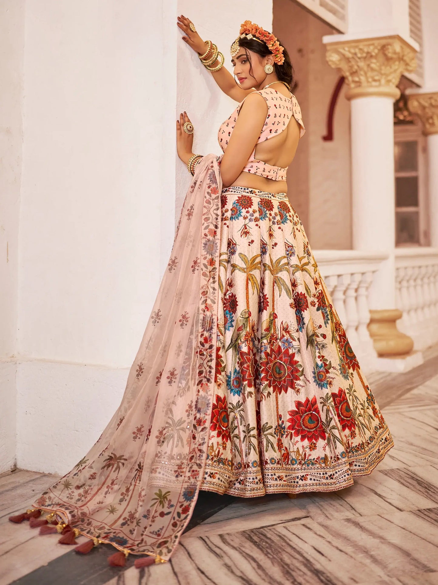 Beautiful Off-White Floral Printed Art Silk Wedding Wear Lehenga Choli - Zeel Clothing