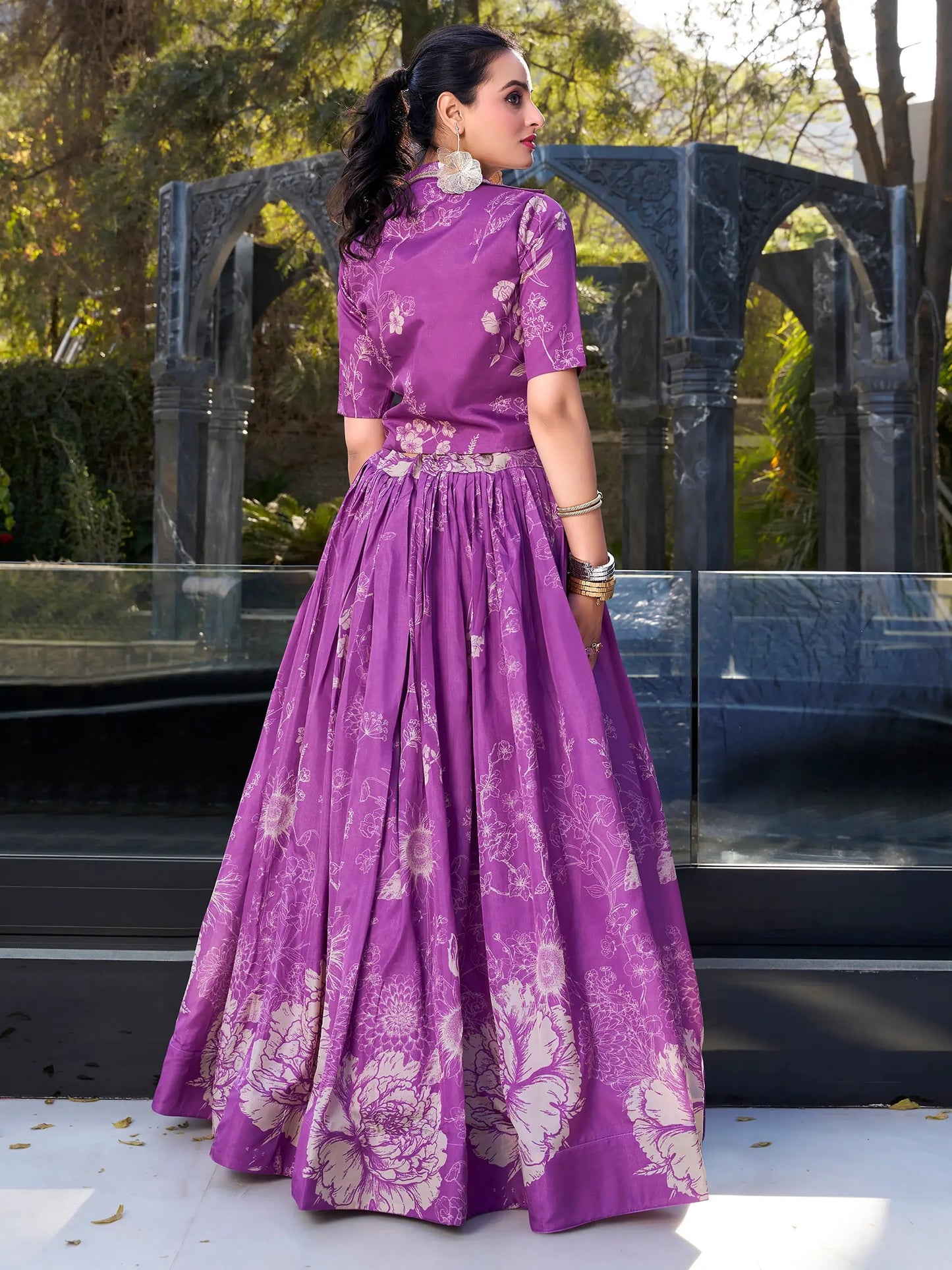 Beautiful Purple Printed Silk Party Wear Crop Top Lehenga With Jacket - Zeel Clothing